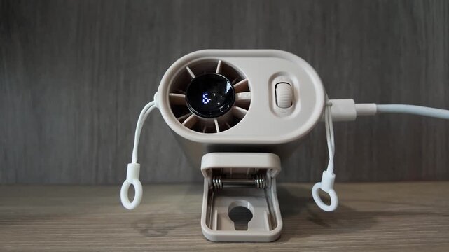 A compact USB desk fan featuring a built-in clip stand and a digital display that indicates it is currently charging