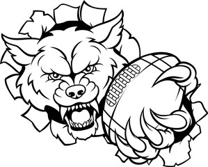A wolf angry animal sports mascot holding an American footballl ball 