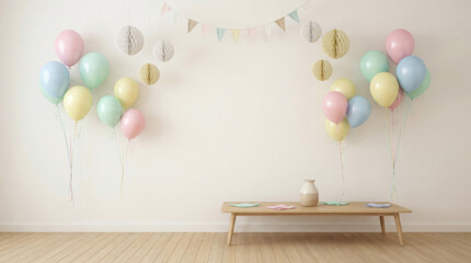 Pastel colored balloons honeycomb decorations and bunting hang above a low wooden table against a neutral wall