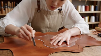 Leather Craftsman Cutting Leather Piece Using Template and Knife