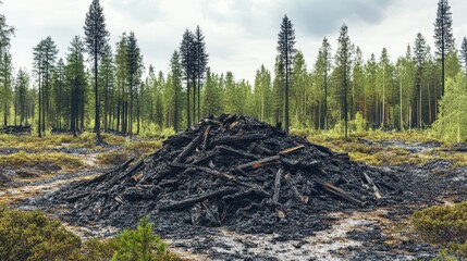 A large pile of charred black wood remnants from a destructive fire lies in a forest landscape with tall evergreen trees in the background under a cloudy sky
