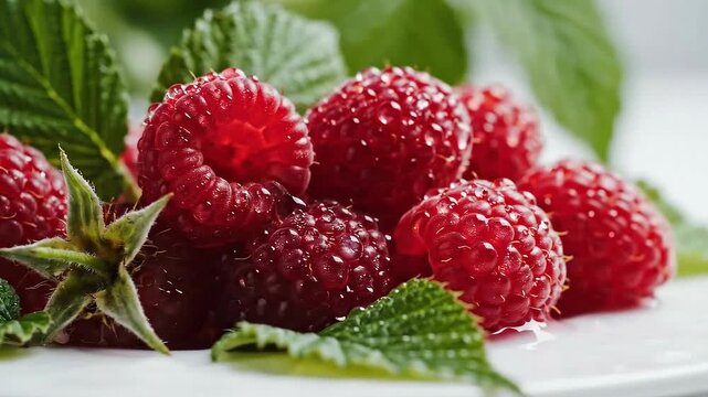 Close-up of fresh ripe red raspberries with green leaves and water droplets on a white surface