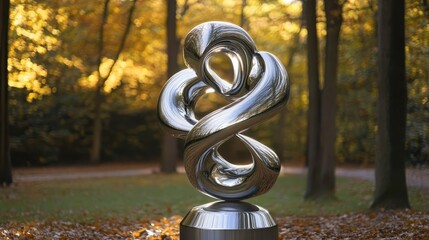 A polished abstract metal sculpture twists and turns on a pedestal in an autumn park setting