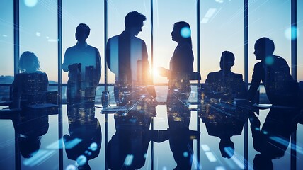 Diverse business professionals in a modern office meeting with city skyline at sunset