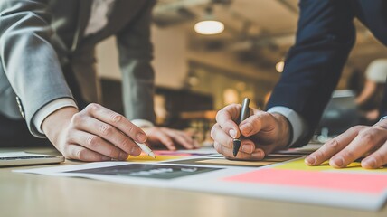 Close up of business professionals collaborating on a project with papers and pens