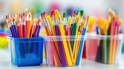 Fototapeta premium An Assortment of Brightly Colored Childrens Art Supplies Including Paint Brushes in a Clear Container