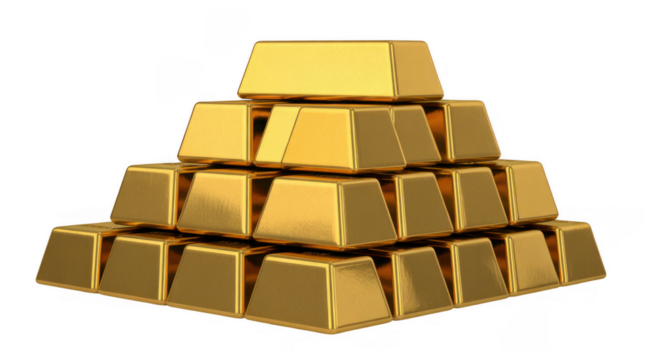 Stacked gold bars pyramid isolated on a transparent background