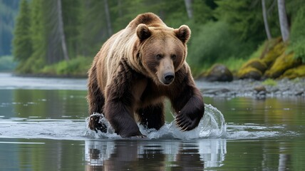 Obraz premium Brown bear walking through shallow water in a forest setting