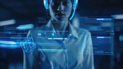 AI customer engagement technology with futuristic digital holographic interface and interactive virtual data screens in advanced innovation concept - Powered by Adobe