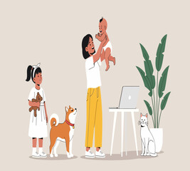 Illustration of elegant woman in a black gown proudly holding a golden trophy, celebrating success and achievement against a minimalist dark blue background