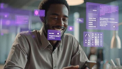 Smiling man using smartphone with ai customer engagement interface glowing modern office showing digital communication technology connection - Powered by Adobe