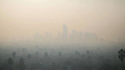 City skyline obscured by dense grey smog pollution in daytime