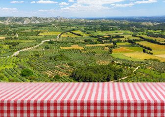 Naklejka premium Empty red and white checkered tablecloth for picnic and rural landscape of colorful fields, farmlands, meadows