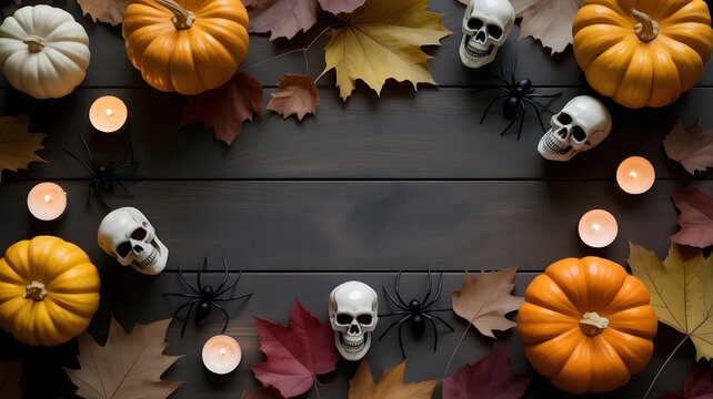 Halloween flat lay with pumpkins skulls candles and autumn leaves on dark wood