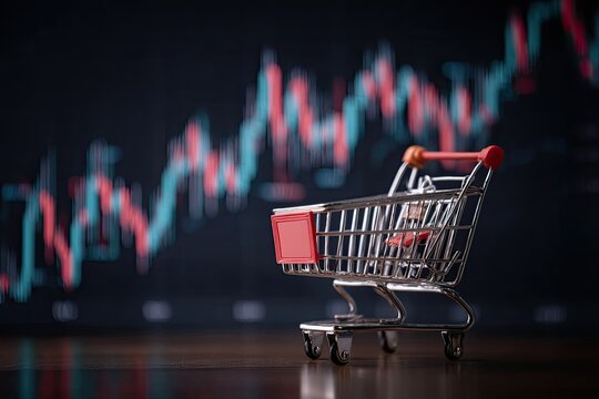 Miniature shopping cart in front of stock market charts