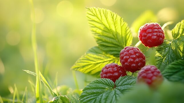 Close up of fresh raspberries with green leaves in the garden - Powered by Adobe