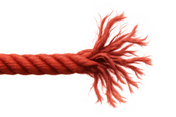 Red rope unraveling and breaking under tension, symbolizing danger, stress, and a critical breaking point