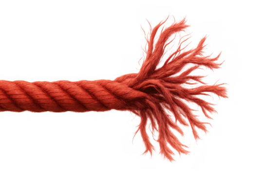 Red rope unraveling and breaking under tension, symbolizing danger, stress, and a critical breaking point