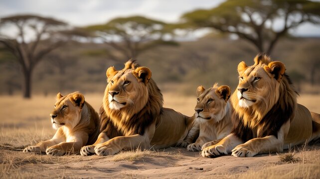 Majestic pride of lions resting together in the african savanna