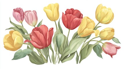 Obraz premium A vibrant arrangement of tulips in various colors, perfect for spring-themed projects, floral designs, or greeting cards, This illustration adds a cheerful touch to any creative endeavor,