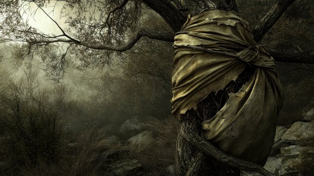 An ancient gnarled tree trunk is partially obscured by torn pieces of worn fabric tied to its branches creating a textured and mysterious natural scene within a dark misty forest