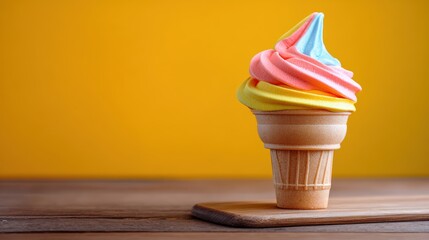 A vibrant swirl of colorful soft serve ice cream in a waffle cone stands against a bright yellow backdrop, perfect for use in marketing materials, blogs, or social media content related to desserts,