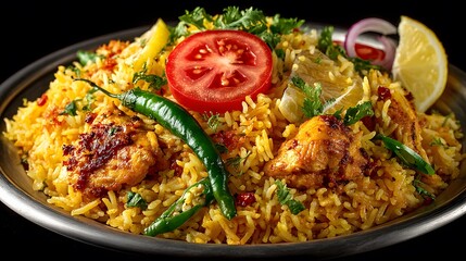 Fototapeta premium Appetizing studio shot of a delicious plate of chicken biryani on a simple metal plate, garnished with tomato, fresh green chilies, and lemon wedges.