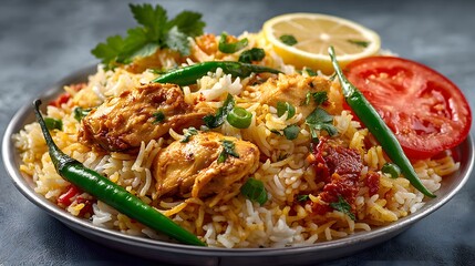 Appetizing studio shot of a delicious plate of chicken biryani on a simple metal plate, garnished with tomato, fresh green chilies, and lemon wedges.