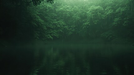 Green Forest Reflection on a Calm Lake with Ripples