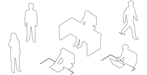 Top view CAD drawing of outline office people — one sitting, one standing, one walking, one leaning forward, one writing posture, one relaxed listening posture