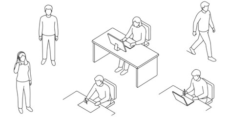 Top view CAD drawing of office people &mdash; one sitting, one standing, one walking, one leaning forward, one writing posture, one relaxed listening posture