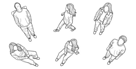 Isometric top-view people set &mdash; walking, sitting, standing poses with clean outline CAD style vector illustration