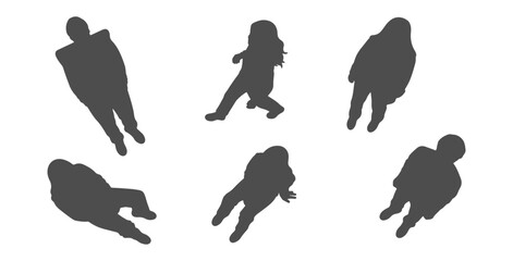 Top view CAD drawing of people silhouette in different poses, sitting, standing, walking and standing. Vector illustration
