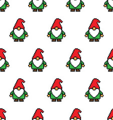 pixel  Christmas gnome  Seamless Pattern texture 2026 New Year background art for 8 bit game	