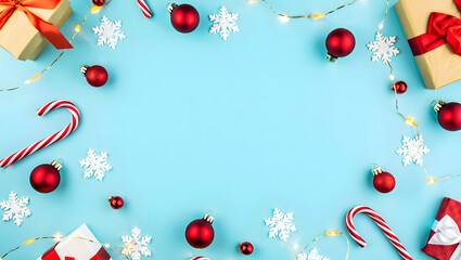 Christmas frame with gifts, candy canes, and snowflakes on blue background
