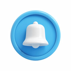 Fototapeta premium 3D Notification Bell Icon Button, White Alert Reminder Symbol on Blue Round Background, Isolated on Transparent Background