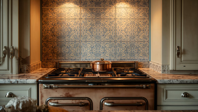 Vintage kitchen with copper pot on stove and decorative backsplash - Powered by Adobe