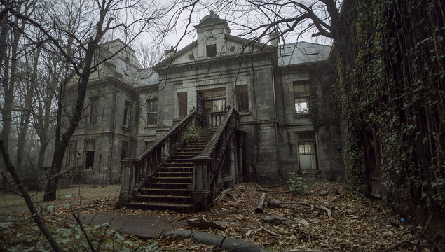 Spooky abandoned mansion with overgrown vegetation and a foreboding atmosphere