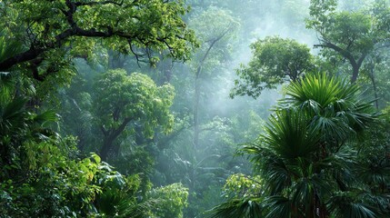 Lush tropical jungle canopy with mist creates a stunning backdrop for nature travel or adventure promotions and eco-tourism campaigns