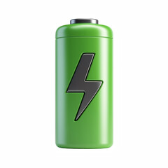 3D Green Battery Icon with Lightning Bolt, Glossy Chubby Energy Power Charge Symbol Isolated on Transparent Background