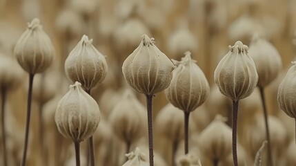Detailed macro shot of dry seed pods with intricate surface texture and delicate forms in muted earth tones