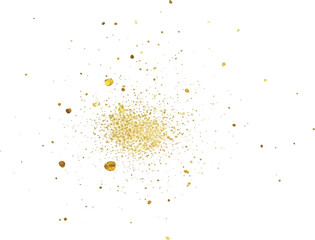 Golden glitter explosion abstract splatter of gold dust particles isolated on white background