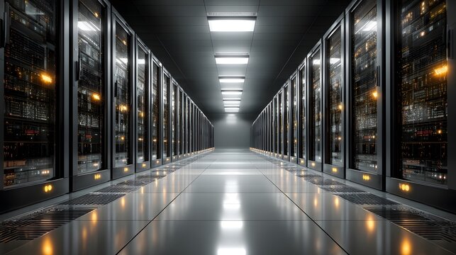 Photorealistic view down a long, sterile corridor in a modern data center, flanked by rows of sleek black server racks with glowing indicator lights.