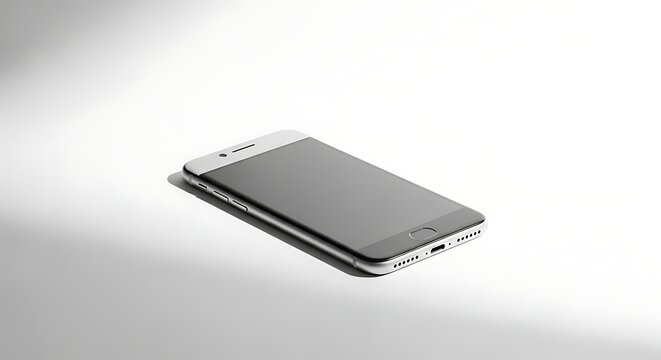 Sleek silver smartphone with dark screen resting on a light gray surface with soft shadows mobile device