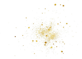 Golden glitter dust particles scattered sparkling confetti isolated on white background for festive designs and celebrations