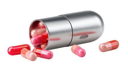 Pill dispenser with assorted capsules arranged neatly on clean white background ideal for healthcare packaging, medication organization and pharmaceutical visuals
