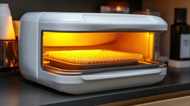 Thermocycler lid closed over PCR plate in a laboratory