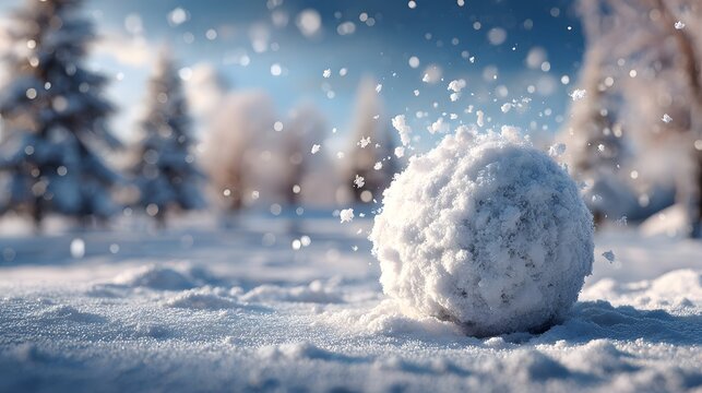 Playful image of a perfectly formed, large snowball resting on a pristine bed of snow, with a beautifully blurred background of a winter landscape.