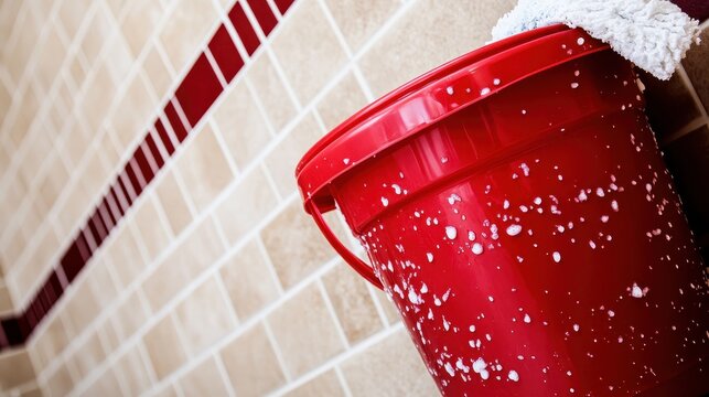 Red plastic bucket used for cleaning a surface