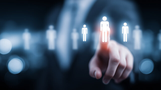 Businessman selecting person icon in virtual interface for recruitment